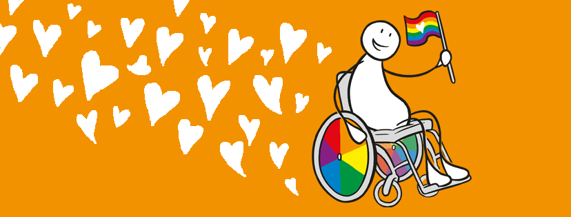 En person i rullestol, med regnbuefarget hjul og et flagg med regnbuefargene. Personen er omgitt av hjerter. Grafikk.