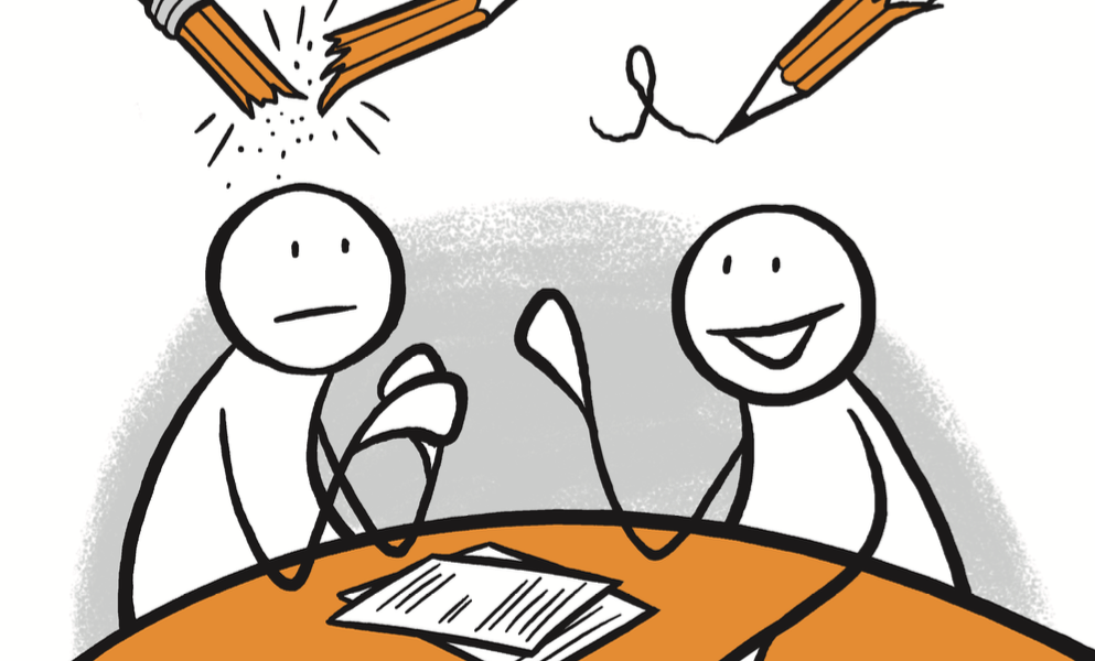 To figurer sitter og diskuterer rundt et bord. Over hodene deres er det to blyanter, den ene skriver og den andre er knekt i to. Grafikk.