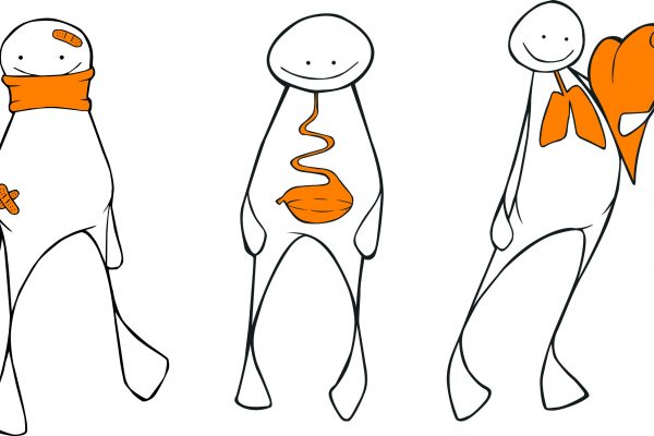 Tre figurer som representerer ulike funksjonsnedsettelser og kronisk sykdom. Grafikk.