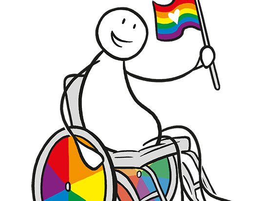 En figur i en rullestol, der hjulet har regnbuefarger. Figuren holder et regnbueflagg. Foto.
