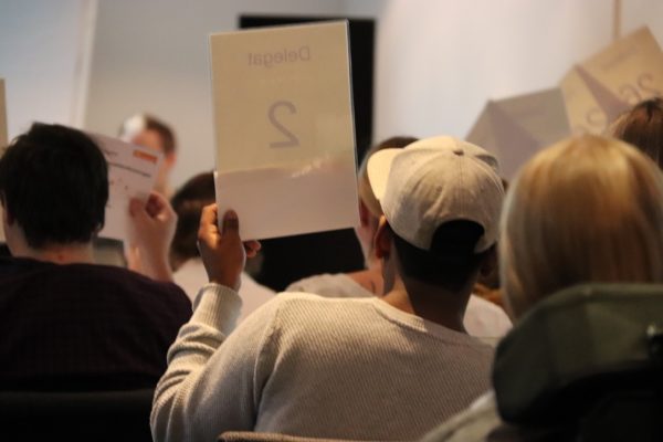 Person holder opp delegatskiltet for å stemme. Foto.