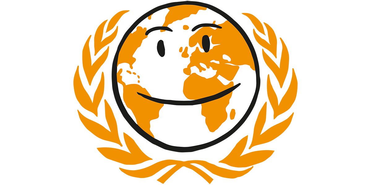 Globus med ansikt. Symboliserer internasjonalt arbeid. Grafikk.