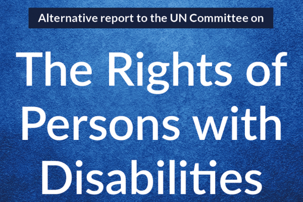 Rapportfremside med teksten "Alternative report to the Un Committee on The Rights of Persons with Disabilities". Grafikk.