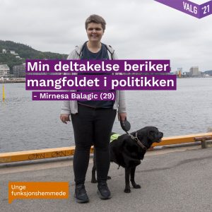 En kvinne med førerhund og Oslofjorden i bakgrunne.